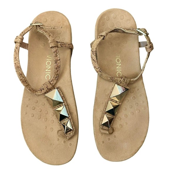 NEW Vionic Nala Cushioned Rest T-Strap Sandals Gold Cork Studded Buckle Comfort - Picture 1 of 6